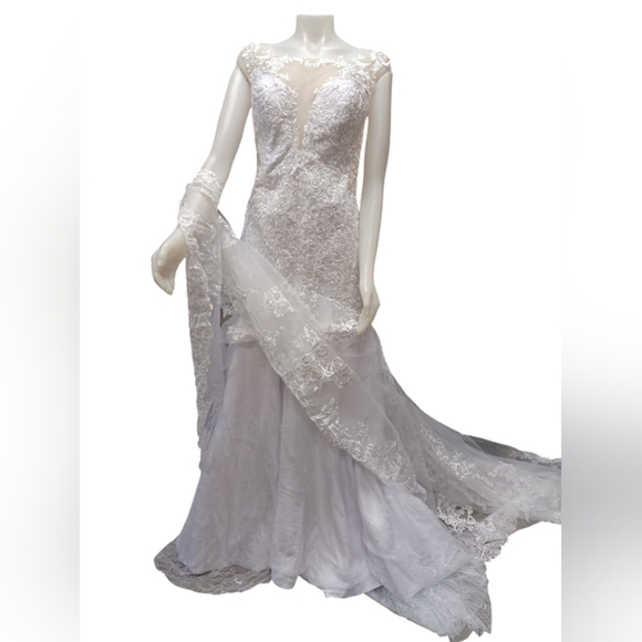 Chong Xiao NWT Mermaid Sweetheart Lined Lacey White Wedding Gown Size XL - Picture 6 of 14